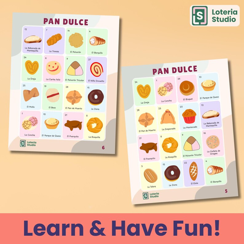 Pan Dulce Español 30 Tablas Mexicano Cute Loteria Modern Loteria