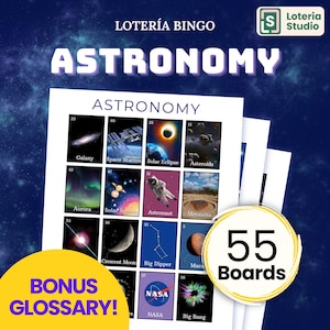 Bingo de Astronomía - 55 Cartas de Juego - Lotería del Espacio Exterior - Juego de Fiesta Imprimible para Niños, Aula y Familia
