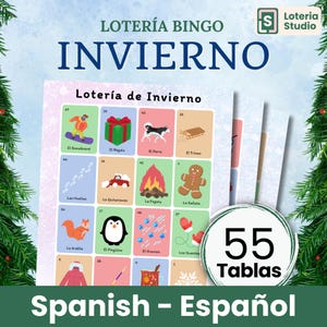 Invierno Español 55 Tablas - Loteria Bingo Classroom Family Activity Actividad 55 Cards