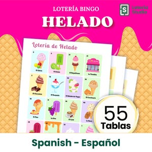 Helado Lotería en Español - 55 Tablas - 55 枚のユニークなトランプとラテンアメリカの味を使ったスペイン語のアイスクリーム ビンゴ。印刷可能。