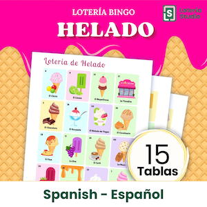 Helado Lotería en Español - 15 Tablas - Bingo de Sorvete em Espanhol com 15 Cartas de Baralho Únicas e Sabores Latino-Americanos. Para imprimir.