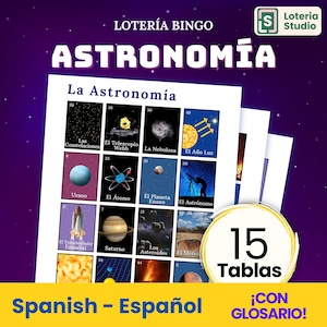 Astronomia Loteria en Español - 15 タブ - スペイン語の天文学ビンゴ - Planeta Espacial Galaxia Juego de Mesa