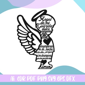 Anjo guardião svg, anjo com uma oração dentro de svg, arquivo ai, svg, cdr, eps, dfx, pdf, png