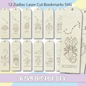 12 Zodiac Laser Cut Bookmarks SVG Bundle | Digital Files for Glowforge, XTool, Lightburn | Astrology Book Lover Gift