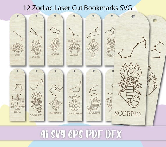 12 Zodiac Laser Cut Bookmarks SVG Bundle | Digital Files for Glowforge, XTool, Lightburn | Astrology Book Lover Gift