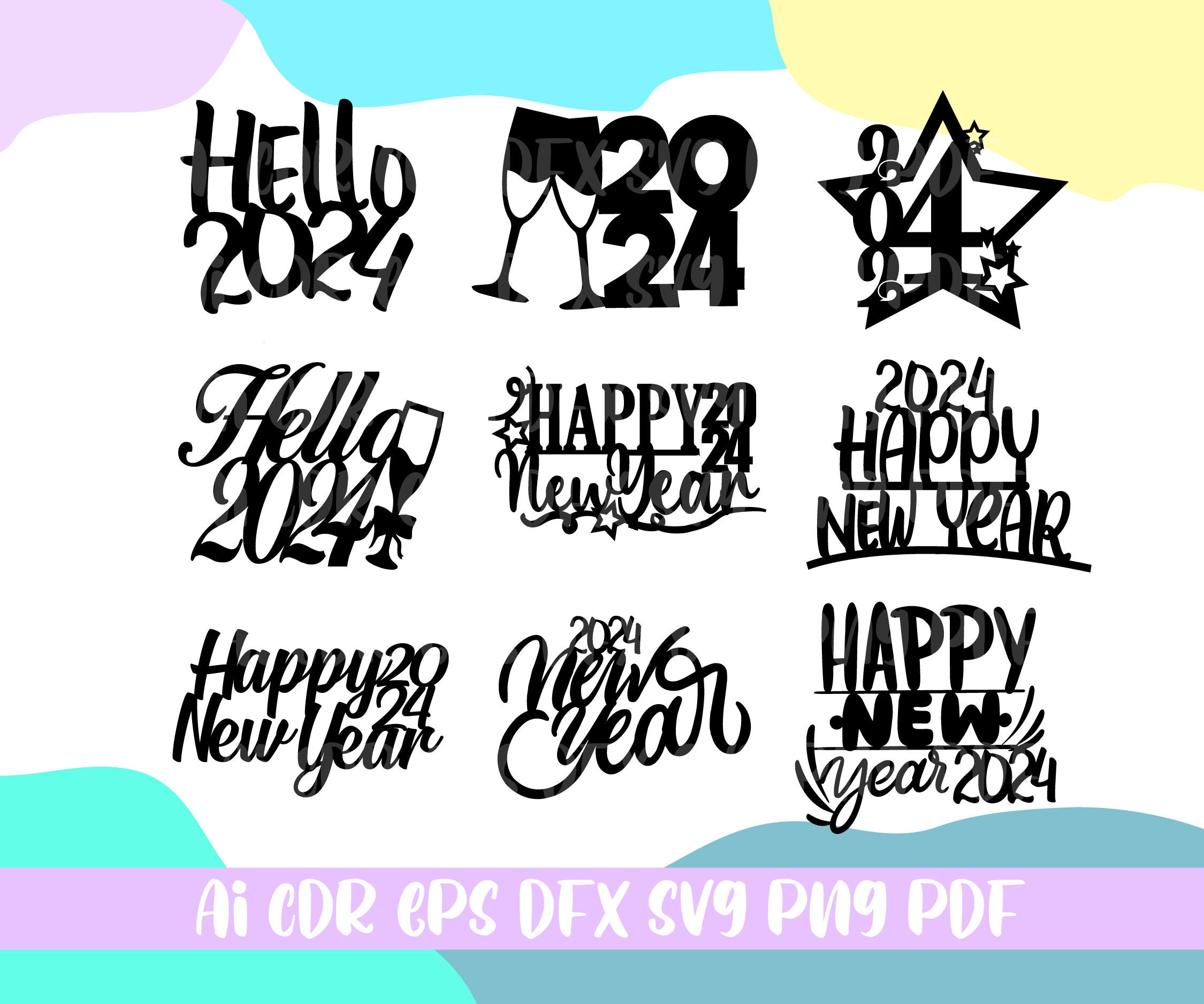 Happy New Year Cake Topper SVG Bundle Hello 2024 SVG New Years Cake Topper  Bundle 2024 Cake Topper Svg Laser Cut Files 
