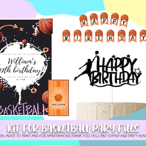 kit de décoration de fête sur le thème de basket-ball, cake topper joyeux anniversaire svg, invitation numérique, étiquette de remerciement, fichier de banderoles de partie