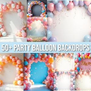 Può includere: Una collezione di oltre 50 fondali per feste con palloncini, che presentano diversi colori e design, tra cui palloncini rosa pastello, blu e bianchi disposti in archi e ghirlande. Alcuni fondali hanno uno sfondo di colore uniforme, mentre altri hanno un design più fantasioso con coriandoli o stelle.