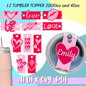 May include: Twelve pink and red tumbler toppers with various designs including hearts, arrows, lips, and the word "love".  The toppers are designed to fit 20, 30, and 40 ounce tumblers.  One topper features a heart with the name "Emily" inside.