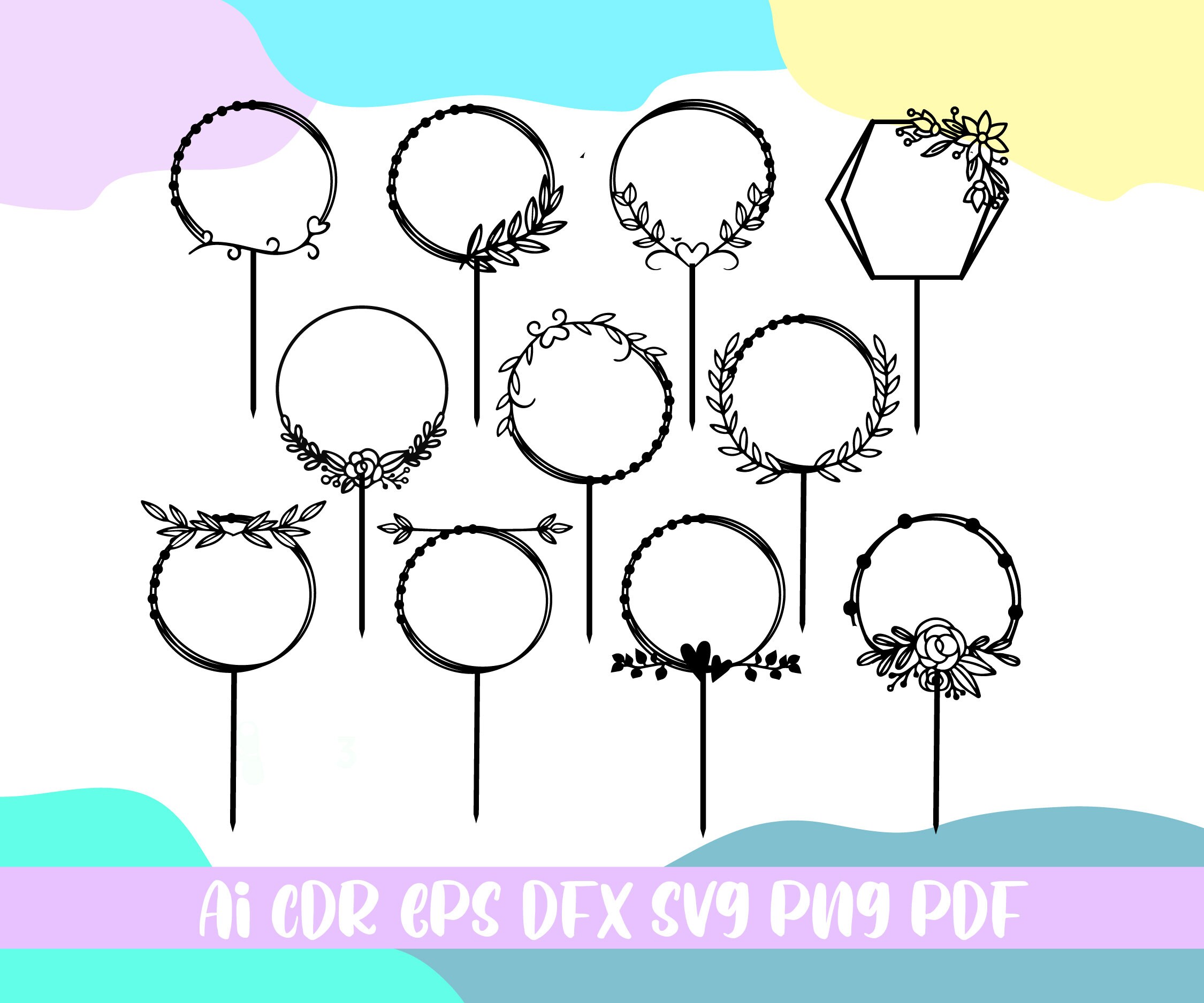 Pacote svg de moldura circular, topper de bolo svg, arquivos para ...