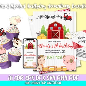 Farm Birthday Party Invitation Template,Farm Animals cake topper SVG,Farm themed birthday decorations bundle,Animals decorations