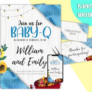 Editable Blue BBQ Baby Shower Invitation,Personalized Baby-Q invitation,Shower Invitation whit canva