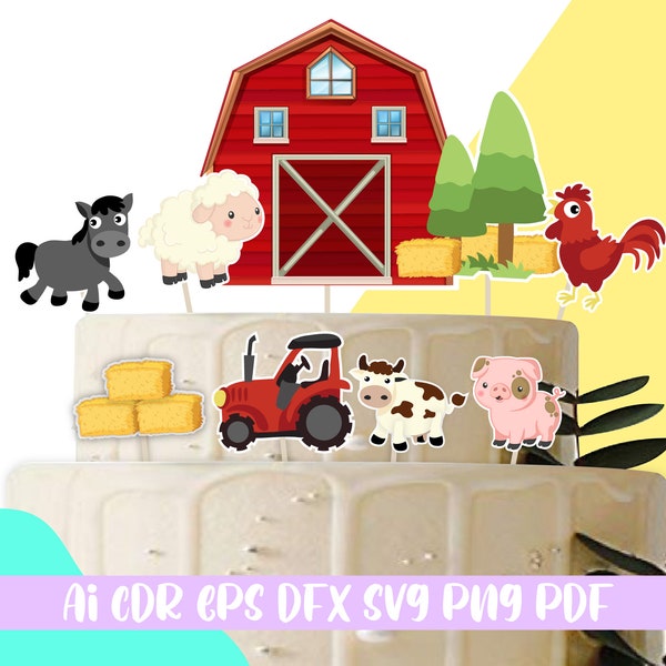 Farm Animals cake topper SVG,Birthday Cake Toppers svg,Barnyard Birthday Party Decor,Farm Birthday Cake,file ai,cdr,eps,dfx,svg,pdf,png