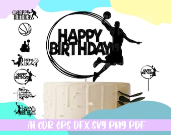 Baloncesto cumpleaños torta topper SVG paquete, torta topper feliz, cumpleaños svg descargar archivo Ai, Cdr, Svg, Eps, Dfx, Pdf