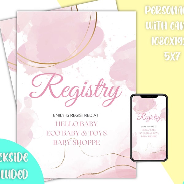 Blush Pink Gift Registry Card, Girl Baby Shower Registry Card,Baby shower template with canva