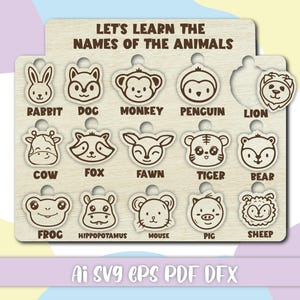 Aprendamos el archivo SVG del gráfico de nombres de animales ? Láser Educativo para Niños y Actividades Montessori | Descarga digital para el aprendizaje animal