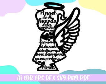 Ángel guardián svg, ángel con una oración dentro de svg, archivo ai, svg, cdr, eps, dfx, pdf, png