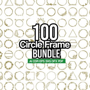 Może przedstawiać: Zestaw 100 złotych ramek kołowych o różnych wzorach, w tym kwiatowych, geometrycznych i abstrakcyjnych. Ramki idealnie nadają się do dodania elegancji do projektów.