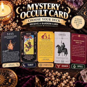 May include: A collection of five rectangular cards labeled Mystery Occult Card, featuring diverse designs including a black card with text 5555, a tarot card titled The Fool, a yellow fortune card, a white card with a horse illustration, and a red card.