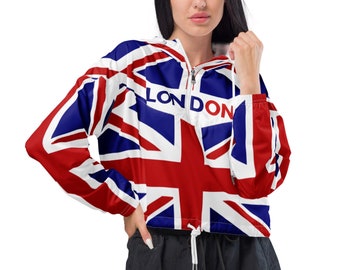 London cropped windjack voor dames met zak, vlag van Groot-Brittannië Union Jack, Olympische Spelen van Parijs 2024, wandeljack, vaartop * GRATIS VERZENDING *