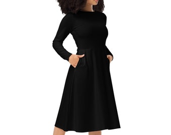 Robe midi entièrement noire à manches longues avec poches, Robes confortables pour toutes les occasions, Grandes tailles disponibles, Tenue de funérailles noire * LIVRAISON GRATUITE