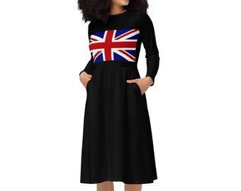 United Kingdom Flag Dress, Ladies Union Jack Dress, British Flag Dress With Pockets, Union Jack Dresses, Black Dress, FREE Standard SHIPPING