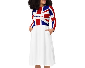 Robe midi populaire, Robe Union Jack, Robe londonienne à manches longues avec poches, Drapeau britannique, Robe du Royaume-Uni, Jeux olympiques de Paris 2024