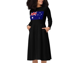 Australian Flag Black Long Sleeve Dress With Pockets, Popular Winter Dress, Australia Day Dress, Australian Open Tennis 2024 * FREE SHIPPING