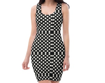 Wedding Guest Dresses, Spotted Dress, Sleeveless Fitted Dress, Women's Clothing, Black and White Dots, Unique Polka Dot Dress, Office Wear