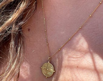 Gold Coin Sun Medallion Necklace, Dainty Waterproof Pendant, Vintage Disc Layering Necklace, Gift for Her
