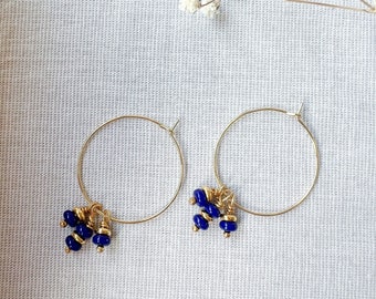 IZEL ~ 24k Gold plated earrings, blue cobalt hoops, summer dangling charm earrings