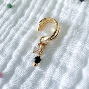 Crystal charm gold ear cuff no piercing cartilage earring, gold plated double band ear cuff, black tourmaline natural gemstone gold pendant