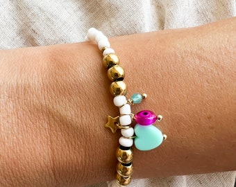 Bracelet gold jade boho white bead jewelry summer colourful bracelet, white beaded bracelet, pink heart charm evil eye bracelet, boho style