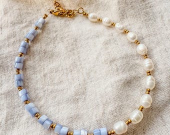 Freshwater Pearl Gold Bracelet, Something Blue Bridal Jewellery, Blue Mother of Pearl Bead, Bridesmaid Gift, Tarnish Resistant Bracelet