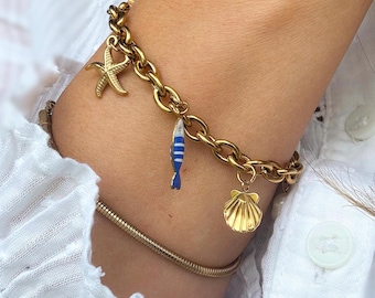 Bracciale impermeabile con ciondolo a stella marina, bracciale con ciondolo a perla dorata stile costiero, gioiello da spiaggia regalo per lei, bracciale estivo che non si ossida