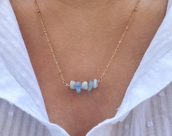 Gold aquamarine necklace, waterproof dainty gemstone necklace, March birthstone jewellery, gold filled minimalist pendant, birthday gift