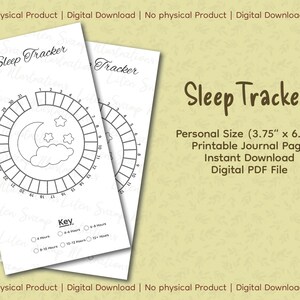 Op de afbeelding: Een printbare slaaptracker-journaalpagina met een maan- en sterrenontwerp. De pagina is 9,5 cm bij 17,1 cm en bevat een sleutel om de slaapduur bij te houden.