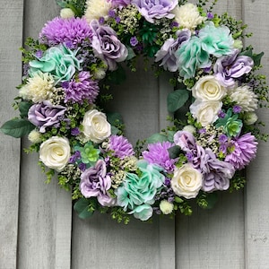 Pastel Floral Wreath: Mauve Roses, Hydrangea & Succulents
