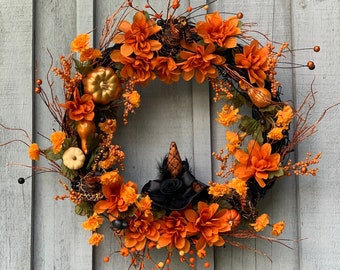 Halloween Wreath Autumn Pumpkin Wreath Front Door Wreath Orange and Black Witches Hat Wreath