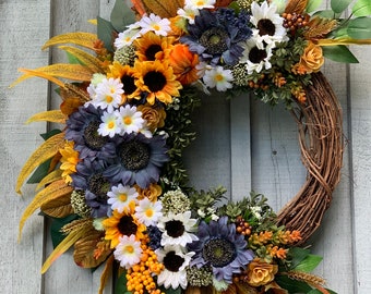 Corona de girasoles ecléctica: colgante de puerta con diseño de vid para Acción de Gracias otoñal
