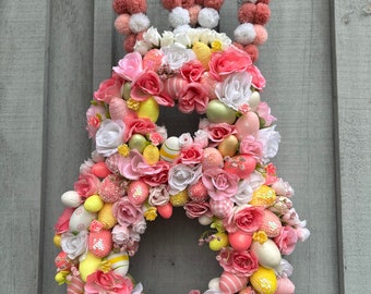 Easter Bunny Wreath Easter Wreath Pink and Yellow Easter Eggs & Roses Wreath Front Door Wreath Gift Wreath