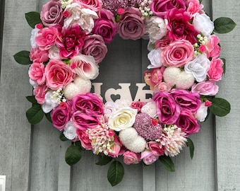 Valentines Wreath Gift For Her Wreath Love Wreath Front Door Wreath Pink and White Roses Wreath