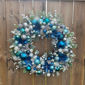 Décoration Sapin Noël : Fleur De Poinsettia à Paillettes Bleue à Suspendre - 5