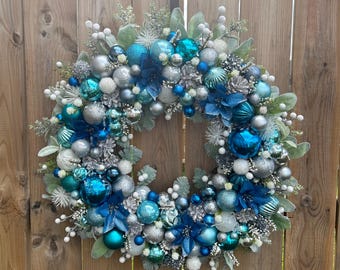 Elegant Blue and Silver Christmas Ball Wreath for Front Door, Bright ...
