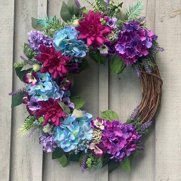 Meilleure vente Couronne d'été Couronne de jacinthe d'hortensia Couronne violette et bleue Couronne de porte d'entrée Couronne de chalet Couronne de printemps