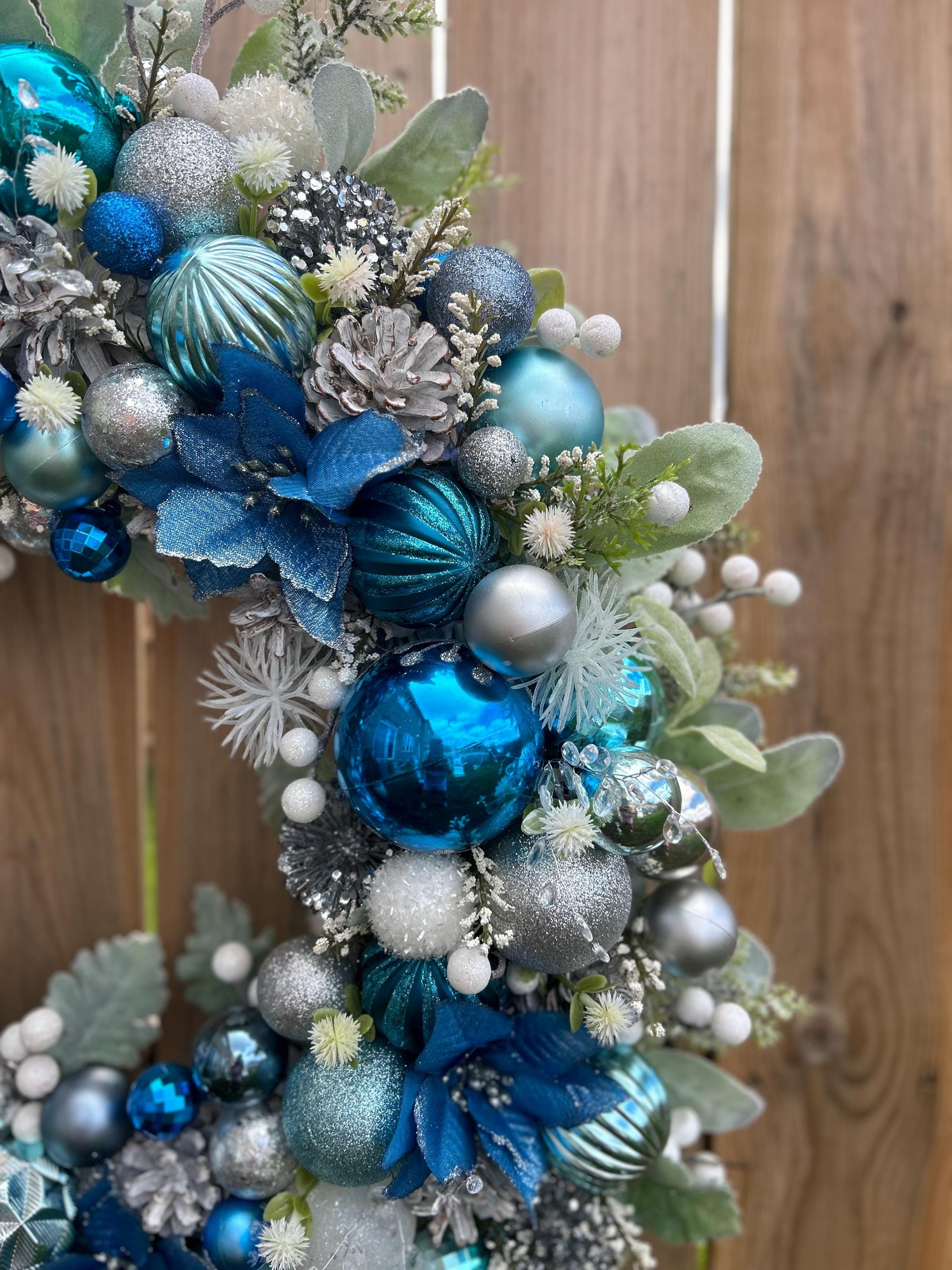 Blue Ornament Christmas Wreath: Elegant Poinsettia \u0026 Pine Cone Decor - Etsy, image size:2250x3000