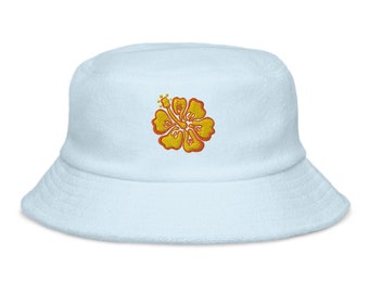 Unstructured terry cloth bucket hat Floral Embroidered Bucket Hat, Terry Cotton, Summer hat, Gift, Vacation Travel
