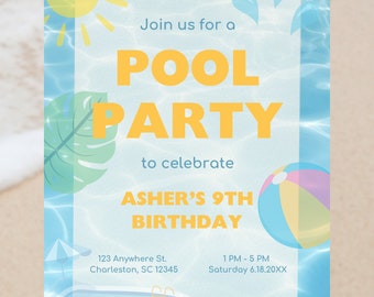 Editable Pool Party Invitation, Text Invitation, Summer Birthday Party Invitation, Electronic Invite, Digital Invitation