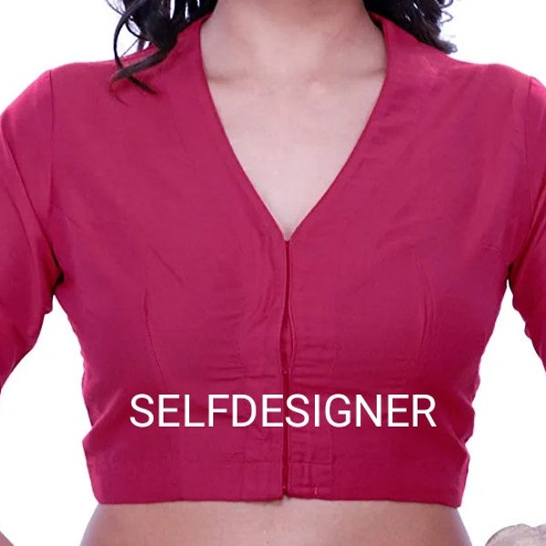 Long Sleeves Saree Blouse | V Neck Cotton Saree Blouse | Formal Wear Saree Blouse | Non  Padded Saree Blouse | Solid Pattern Saree Blouse