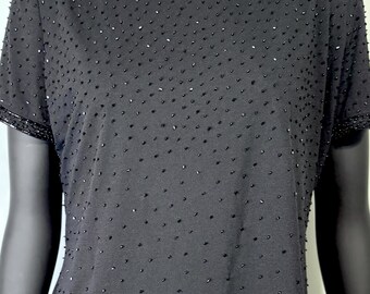 Blusa vintage MAG de los años 90, negra, con cuentas, manga corta, cuello redondo, rayón/spandex, talla XL.